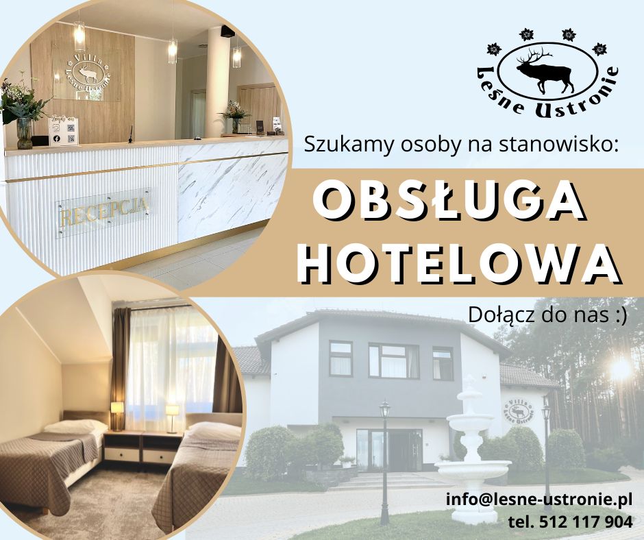 Szukamy sympatycznej, rzetelnej, pozytywnej i chętnej do pracy osoby na stanowisku: Obsługa hotelowa (pełen etat, praca w systemie zmianowym) Główne zadania na tym stanowisku to: - sprzątanie pokoi - obsługa recepcji - obsługa systemu rezerwacji - dbanie o czystość na terenie obiektu Czekamy na Twoje CV info@lesne-ustronie.pl